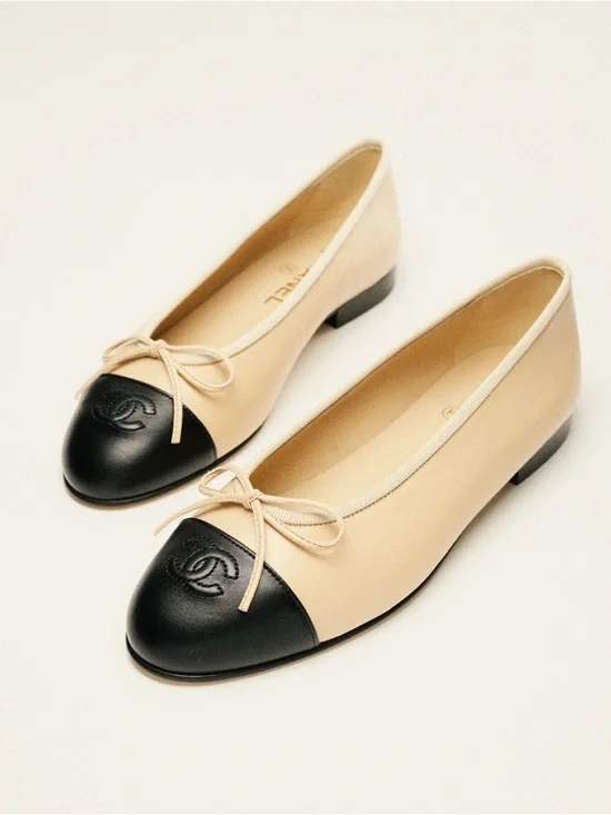 CHANEL Beige Leather Ballet Flats with Black Cap-Toe and Bow - Picture 1 of 7